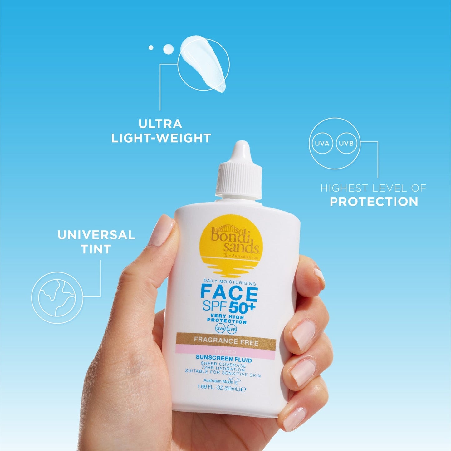 Bondi Sands Sunscreen Face Fluid SPF 50 Fragrance Free Tinted