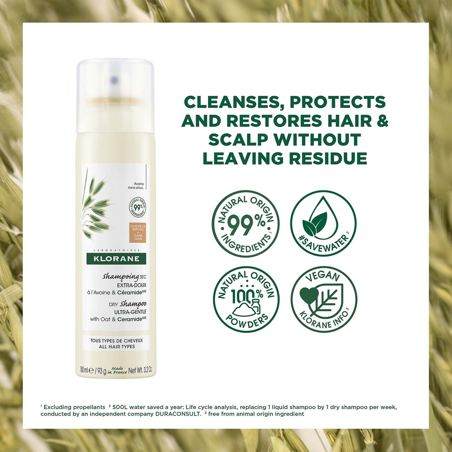 KLORANE Extra-Gentle Tinted Dry Shampoo with Oat and Ceramide LIKE for Brown to Dark Hair 150ml