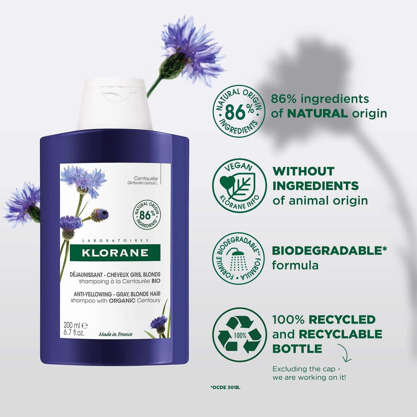 KLORANE Anti-Yellowing Shampoo with Organic Centaury for White, Grey, Highlighted Hair 200ml