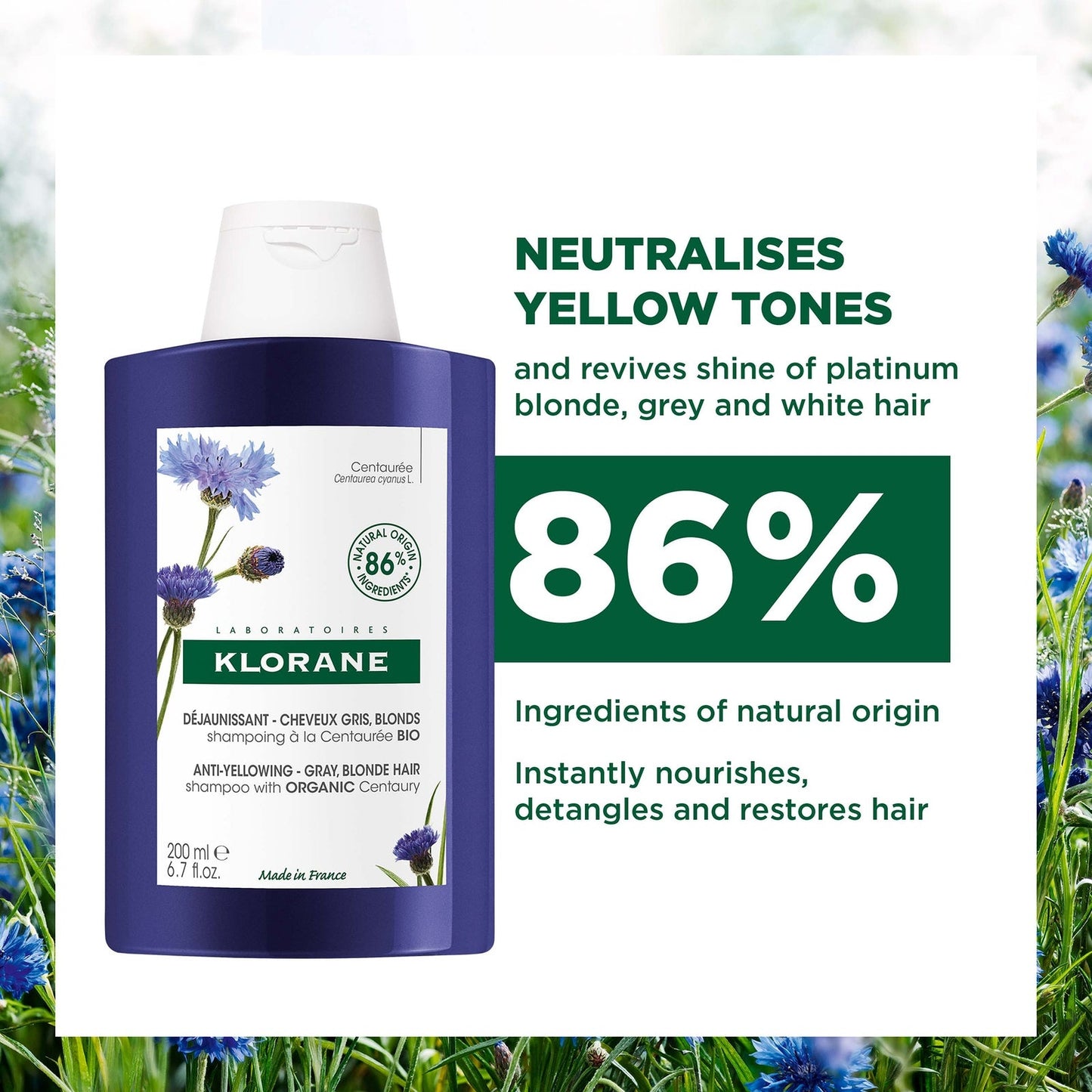 KLORANE Anti-Yellowing Shampoo with Organic Centaury for White, Grey, Highlighted Hair 200ml