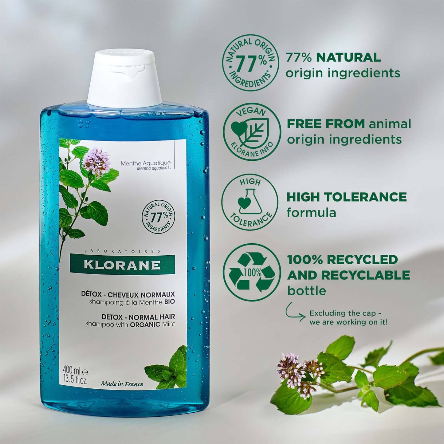 KLORANE Detox Shampoo with Organic Aquatic Mint for Pollution-Exposed Hair 400ml